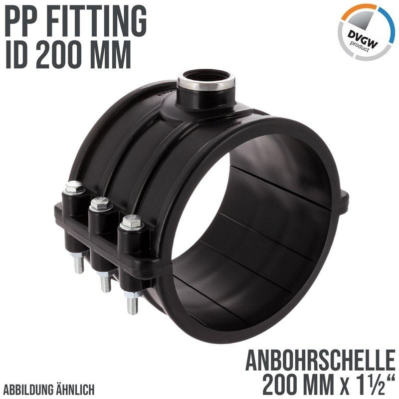 200 mm x 1 1/2" PP PE Anbohr Abzweig Schelle Klemmschale x Innengewinde DVGW [PN6]