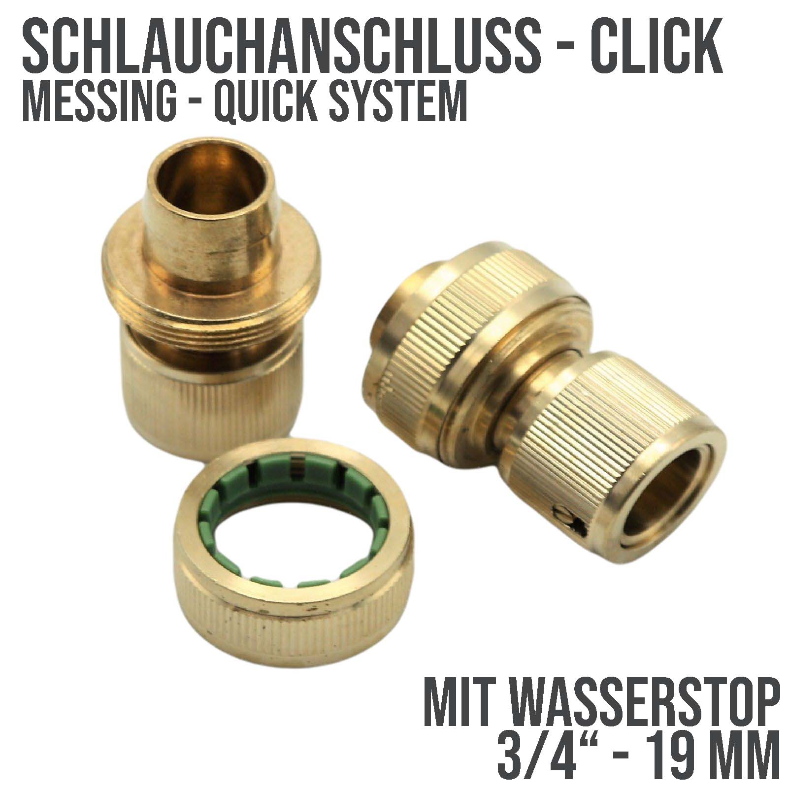 3/4" Schlauchstück Kupplung Click-System Quick Connect mit Wasser-Stop Messing (Gardena kompatibel)