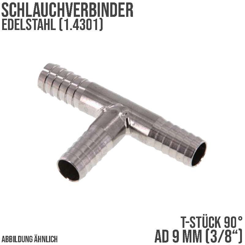 9 mm - 3/8" Zoll T-Stück Schlauch Verbinder Verteiler Tülle Kupplung Reparatur Edelstahl VA 1.4301