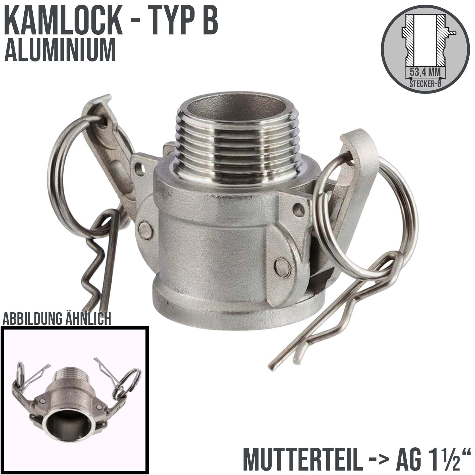 Kamlock Typ B - Mutterteil (53,4 mm) Aluminium ALU mit Außengewinde (AG) 1 1/2" Zoll DN38 - PN 17 bar