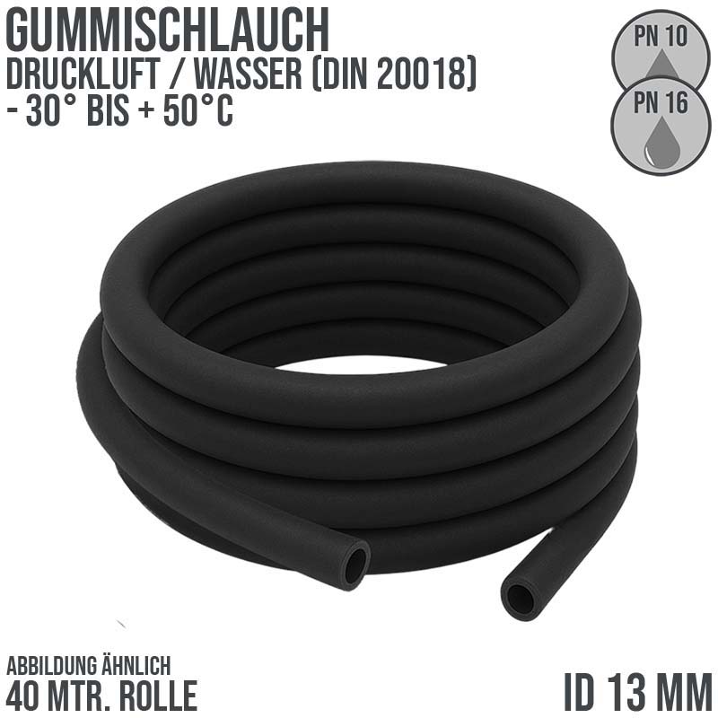 13 x 23 mm Gummi Druckluft Universal Wasser Luft Kompressor Schlauch schwarz - PN 10/16 bar - 40 m