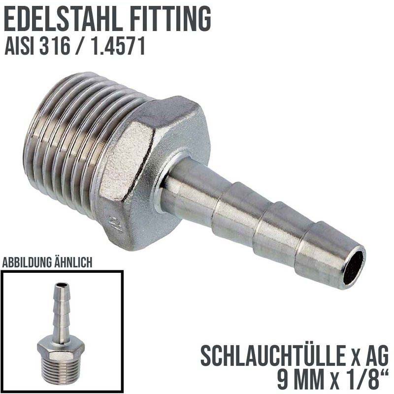 9 mm x 1/8" Zoll Schlauch Tülle Stutzen Außengewinde AG Nippel Edelstahl AISI 316 VA  Fitting - PN 20 bar