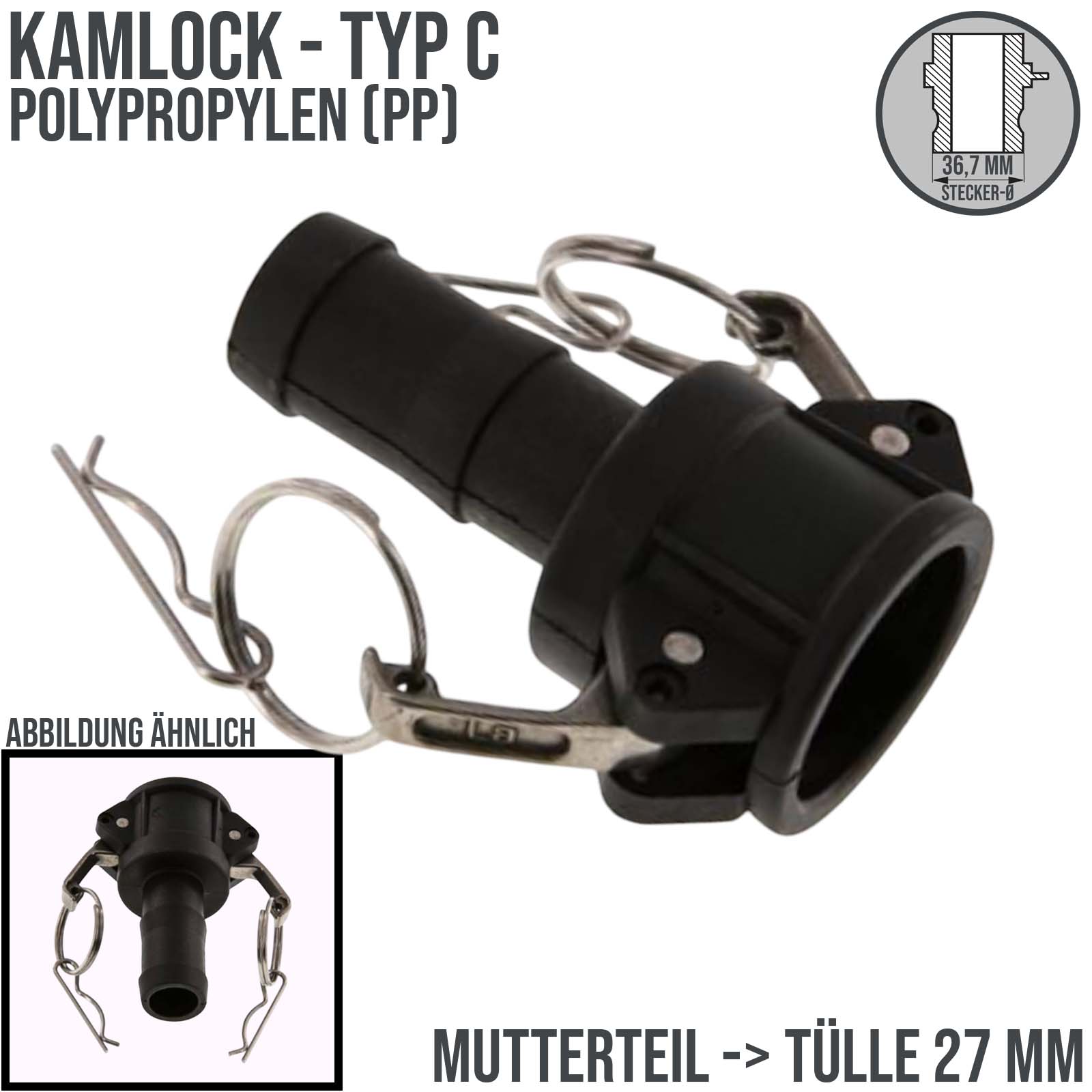 Kamlock Typ C - Mutterteil (36,7 mm) Polypropylen PP -> Tülle 27 mm 1" Zoll DN25 - PN 8,5 bar