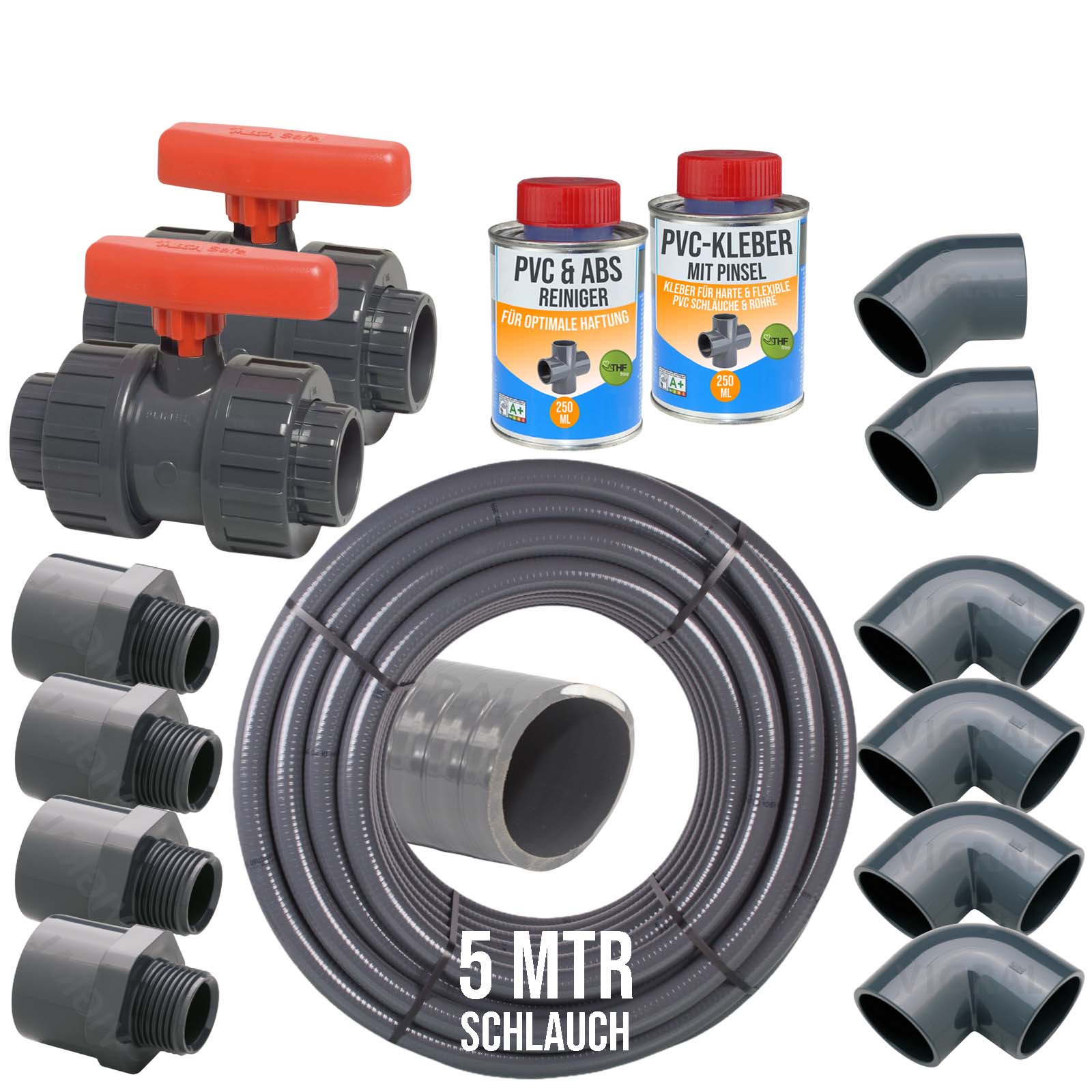 50 mm PVC Klebe Fittings Verrohrungspaket Pool Schwimmbad Schlauch FLEX (2") -   5 m - rot