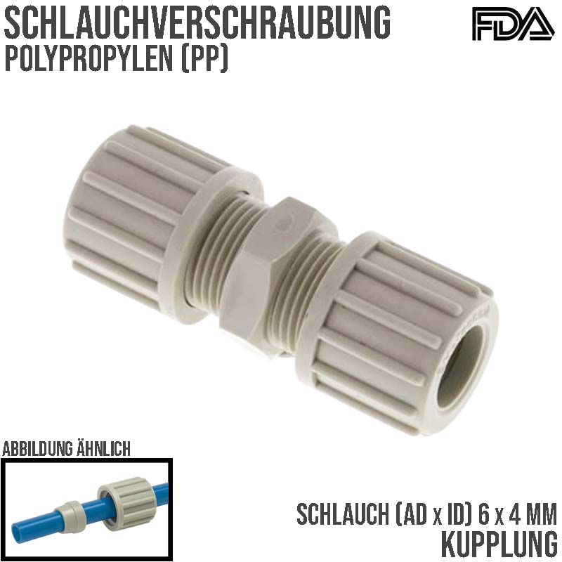 6 x 4 mm Kupplung PA PP Schlauch Verschraubung Verbinder FDA - PN 10 bar