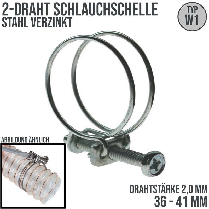 36 - 41 mm 2-Draht Schlauch Schelle W1 Stahl verzinkt Schraube M6 x 40 Draht 2,0 mm