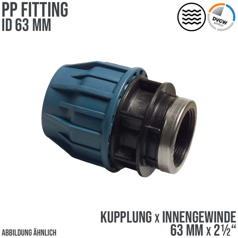 63 mm x 2 1/2" PE PP Fitting Klemm Verbinder Verschraubung Muffe Rohr Kupplung x IG DVGW - PN 16 bar