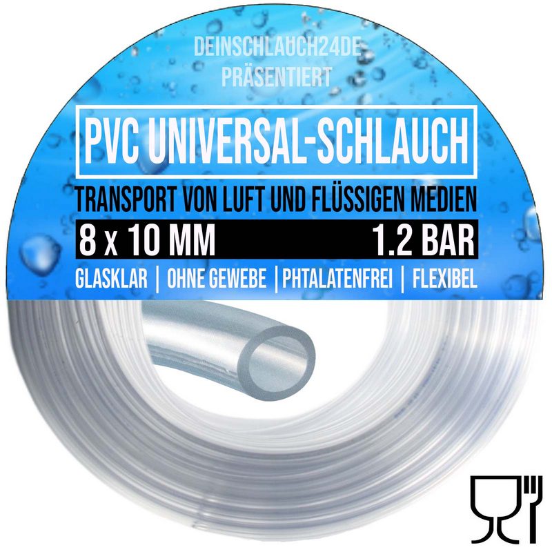 8 x 10 mm PVC Luft Filter Wasser Universal Labor Aquarium Terrarium Schlauch klar durchsichtig - PN 1,2 bar