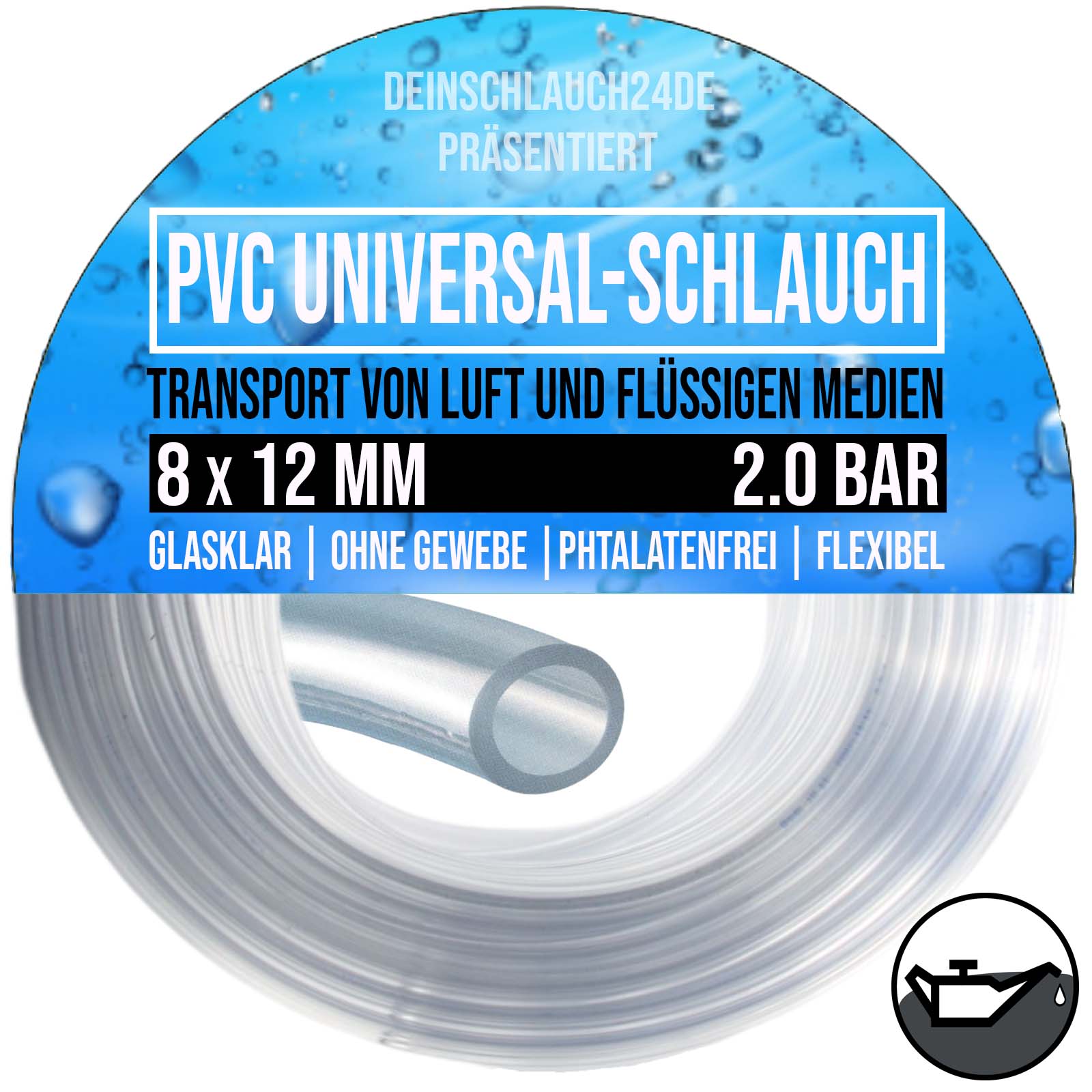 8 x 12 mm PVC Flüssigkeit Öl Luft Wasser Universal Labor Schlauch klar durchsichtig - PN 2 bar