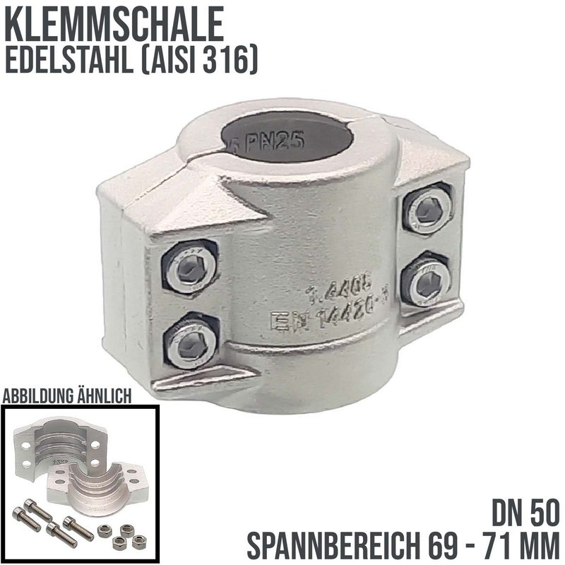 DN 50 Klemmschale Edelstahl AISI 316 Spannbereich 69 - 71 mm für Schlauch ID x AD 50 x 70 mm - PN 25 bar
