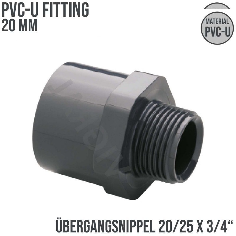 20 mm PVC Klebe Fitting Übergangsnippel Sechs-/Achtkant 20/25 mm x 3/4" Muffe Verbinder - PN 10 bar