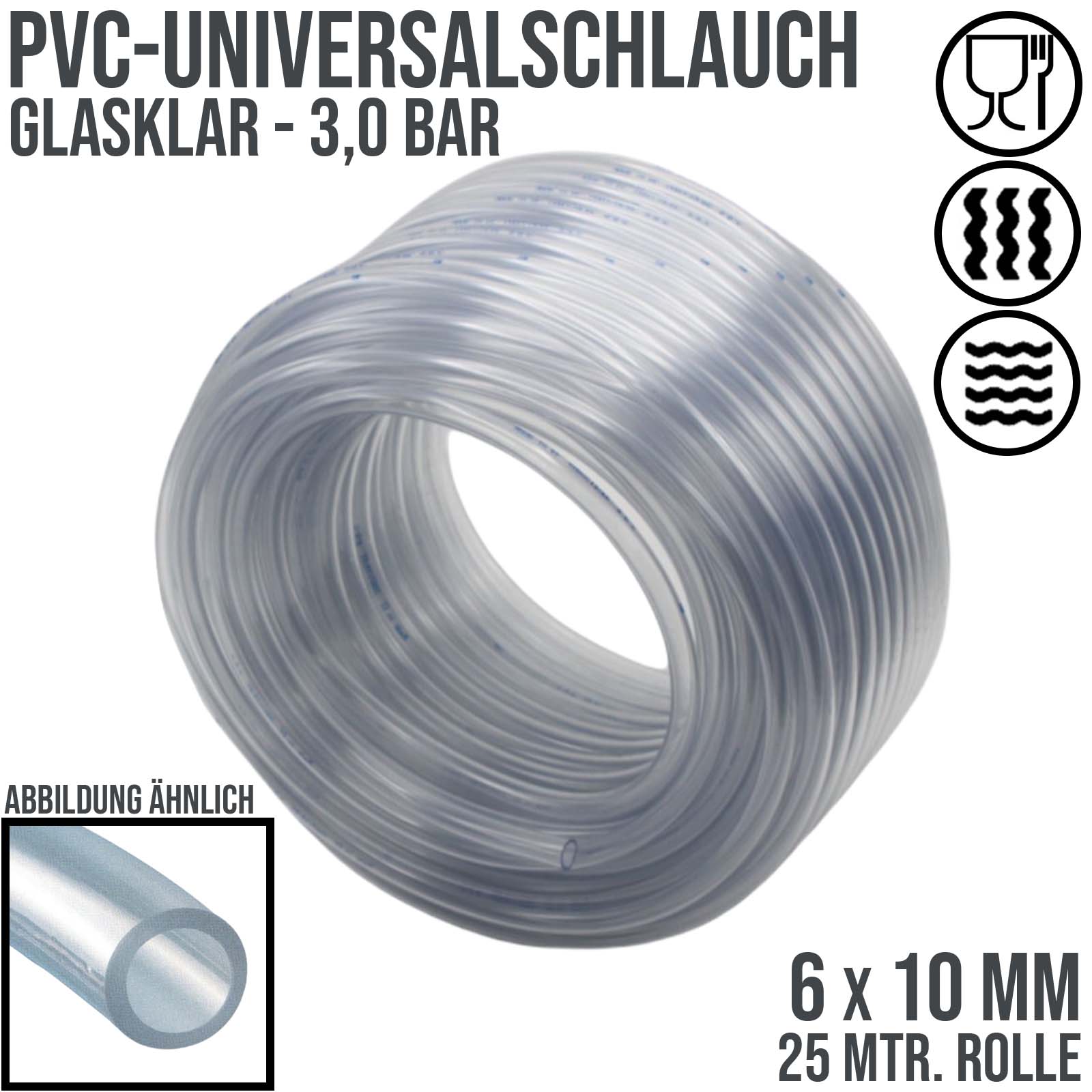 6 x 10 mm PVC Luft Filter Wasser Universal Labor Aquarium Terrarium Schlauch klar durchsichtig - PN 3 bar  - 25 m