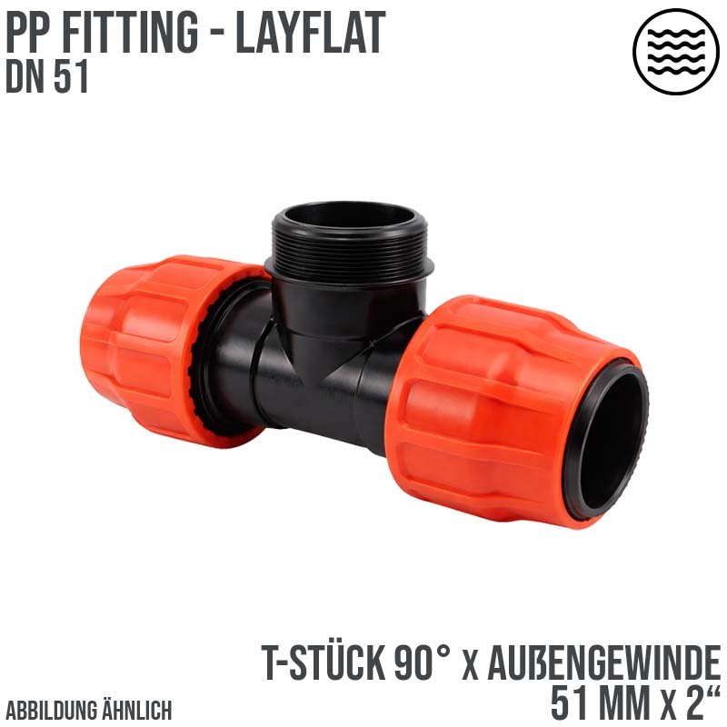 51 mm x 2" PE PP Fitting Layflat Klemm Verbinder T-Stück 90° x Außengewinde AG Flach Schlauch - PN 10 bar