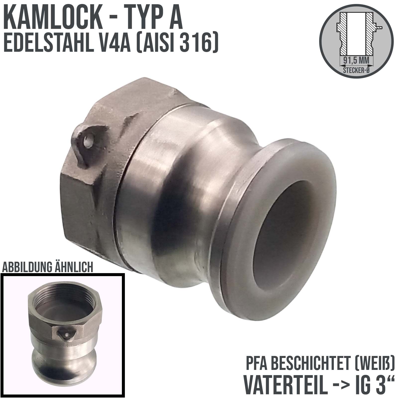 Kamlock Typ A - Vaterteil Edelstahl V2A (AISI 316) - 91,5 mm Stecker mit Innengewinde (IG) 3" Zoll DN 80 PFA beschichtet - PN 25 bar