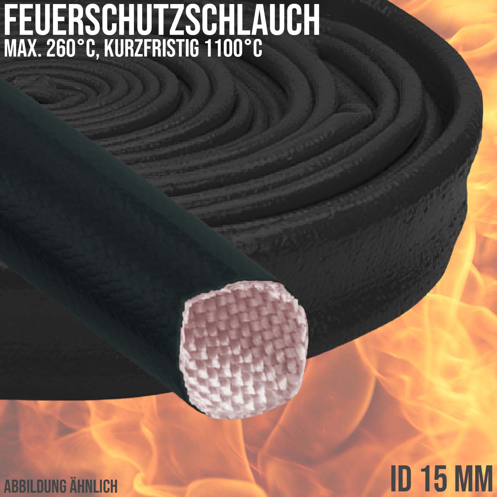 15 x 2,1 mm Feuer Flamm Brand Schutz Schlauch Silikon Fiberglas DN schwarz EN 45545 DIN5510-2 - 20 m