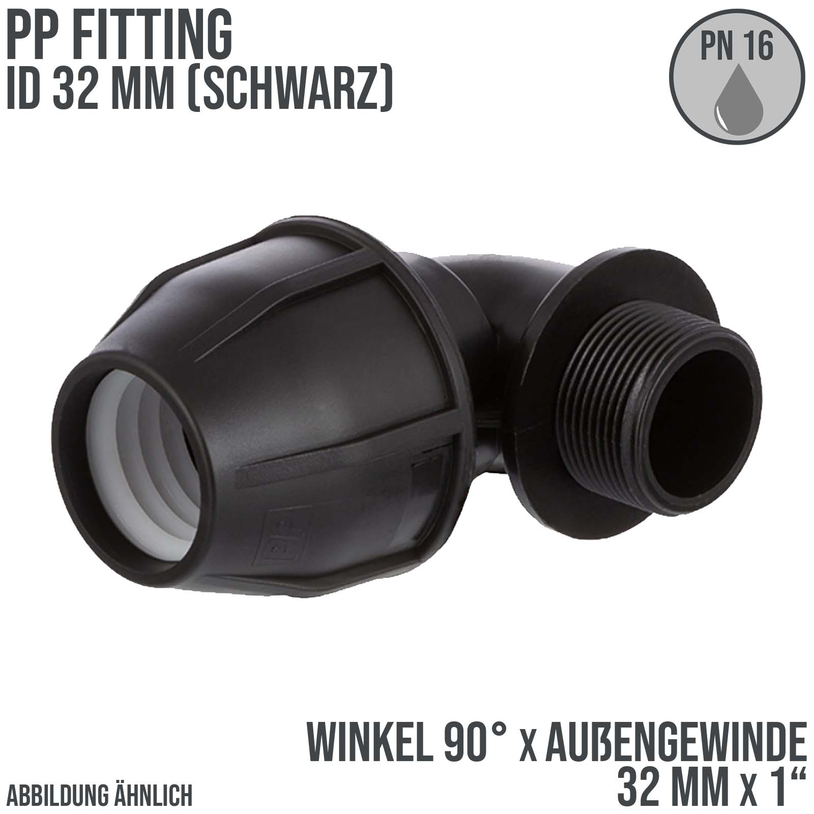 32 mm x 1" PE PP Fitting Klemm Verbinder Verschraubung Rohr Winkel 90° x AG schwarz - PN 16 bar 