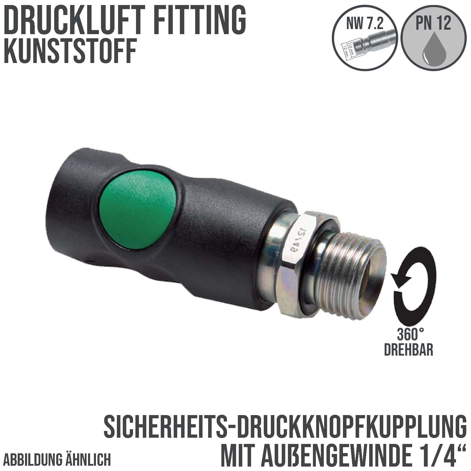 Druckluft Sicherheitskupplung drehbar Kunststoff NW 7.2 Außengewinde AG 1/4" - PN 12 bar
