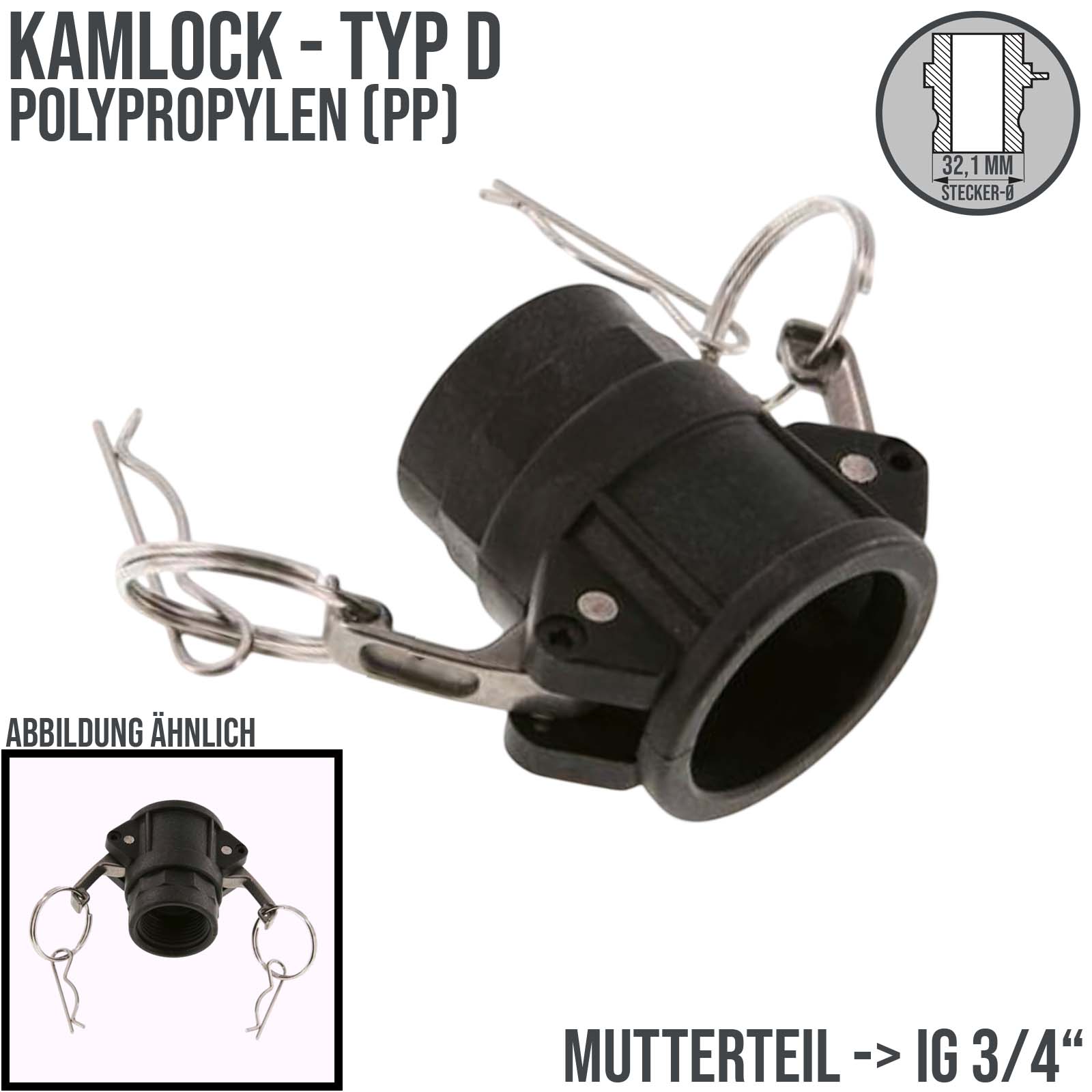 Kamlock Typ D - Mutterteil Polypropylen PP mit Innengewinde (IG) für Stecker 32,1 mm - 3/4" Zoll DN19 DN20 - PN 8,5 bar