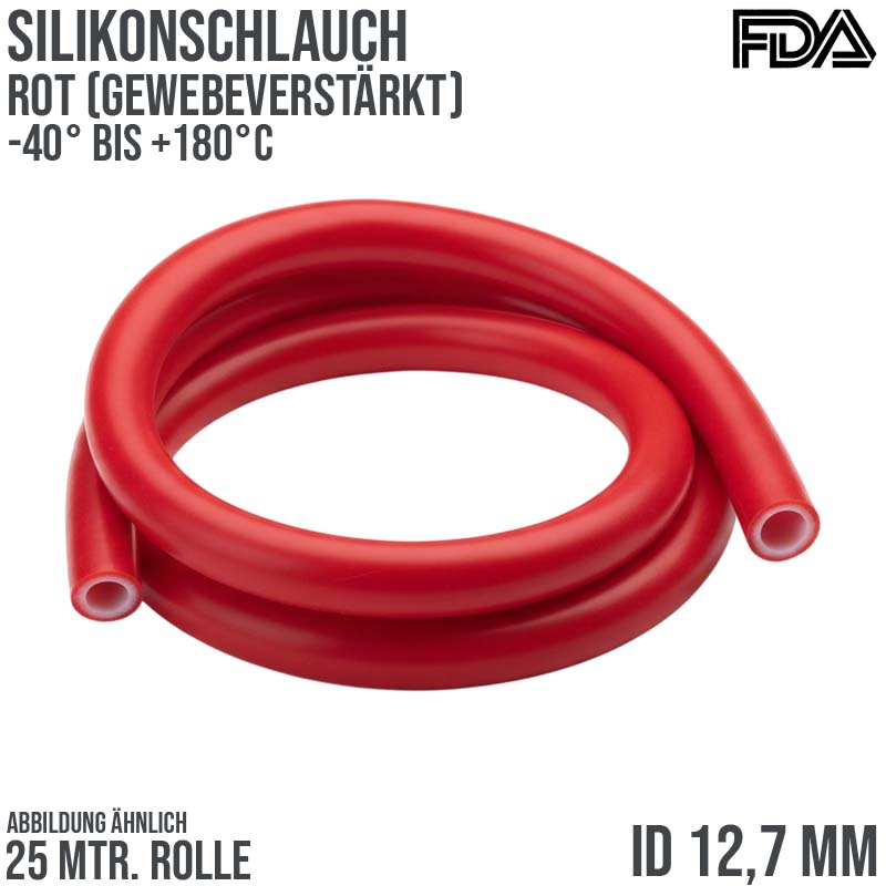 12,7 x 20,7 mm Silikon Silicon Schlauch Gewebe rot lebensmittelecht FDA PN 7 bar - 25 m
