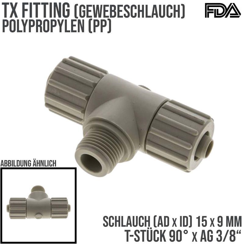 15 x 9 mm x 3/8" T-Stück 90° Außengewinde TX Fitting Gewebe Schlauch Verbinder FDA PP beige - PN 10 bar