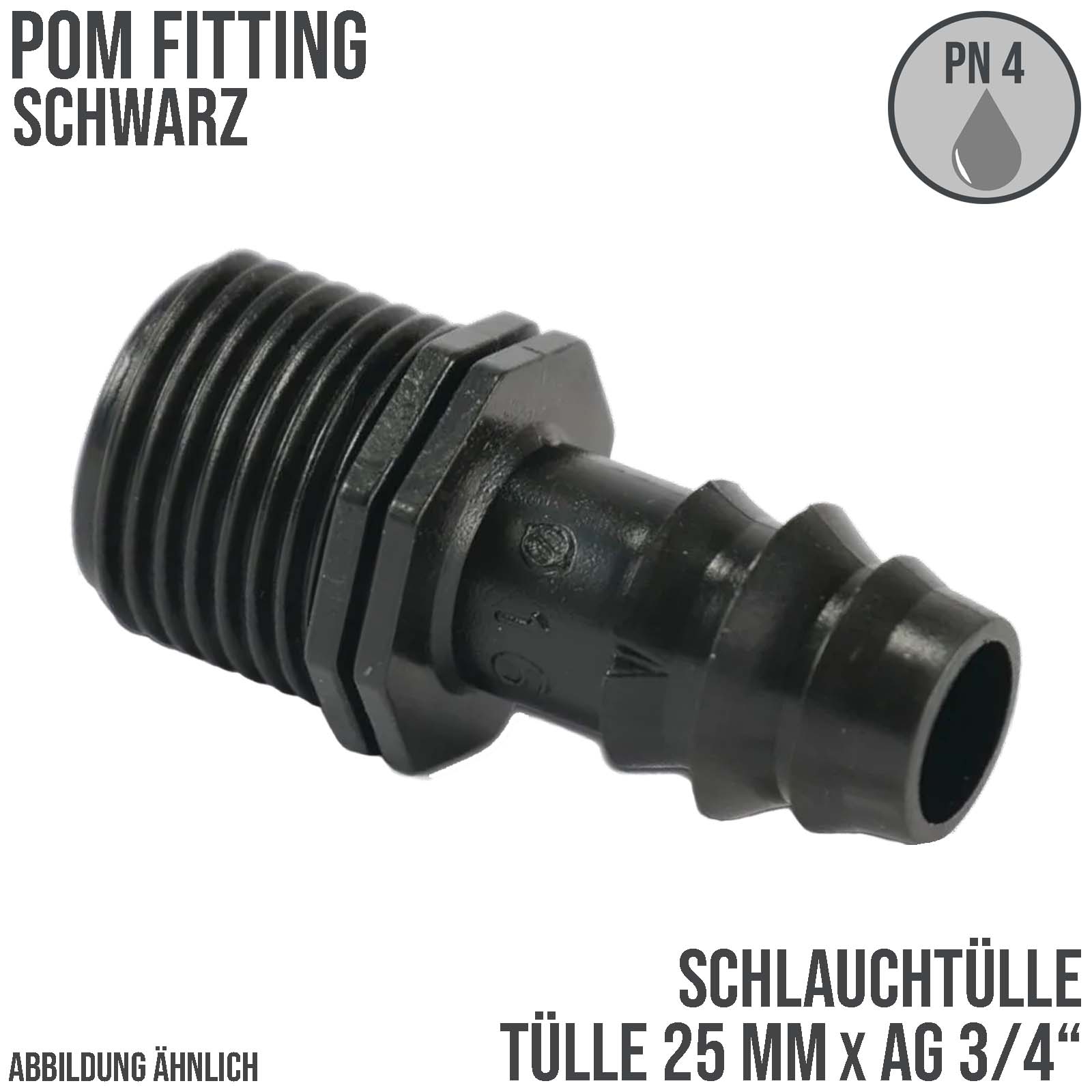 25 mm x 3/4" Schlauch Tülle Verbinder Stutzen Außen Gewinde AG Tropf Fitting schwarz PN 4 bar