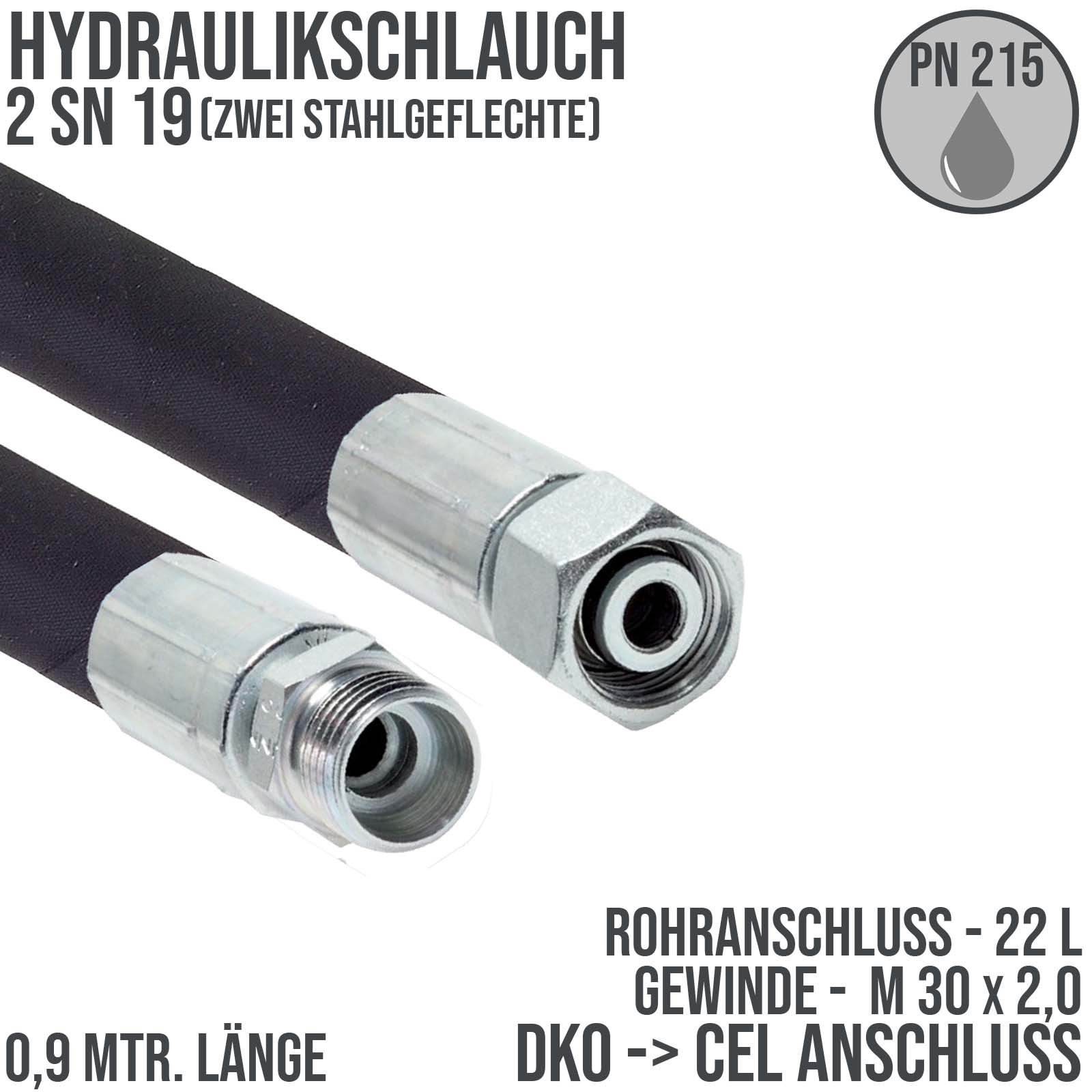 Hydraulikschlauch DN 19 2SN19 - 22 L DKO (IG) auf CEL (AG) Anschluss (M 30 x 2,0) - 900 mm