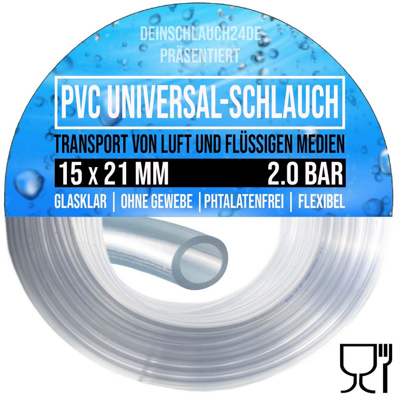 15 x 21 mm PVC Luft Filter Wasser Universal Labor Aquarium Terrarium Schlauch klar durchsichtig - PN 2 bar