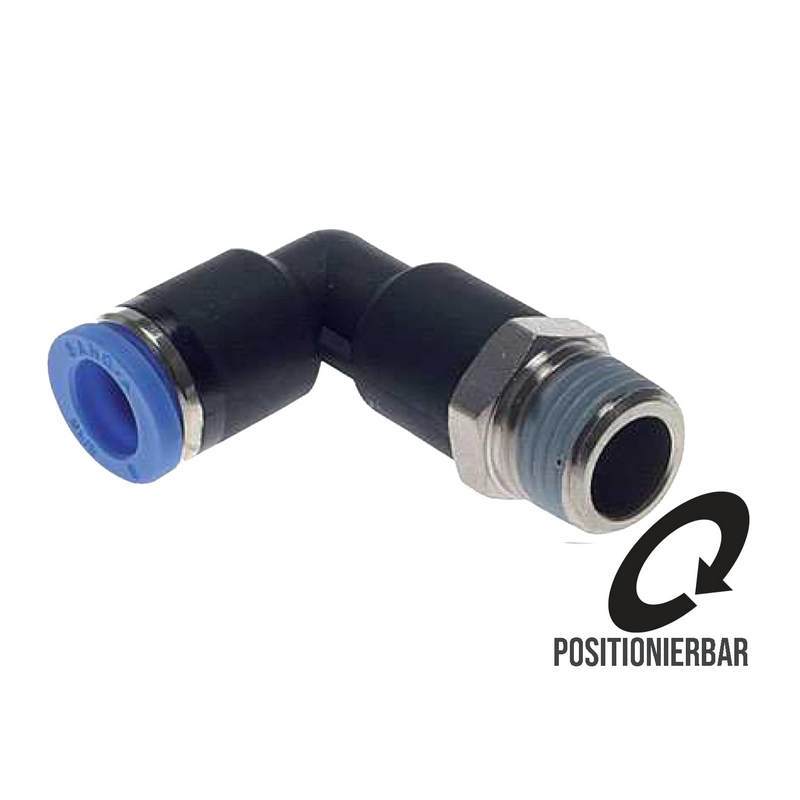 12 mm x 1/2" Pneumatik Steck Verbinder Winkel 90° rund lang rund IQS Außengewinde konisch - PN 20 bar