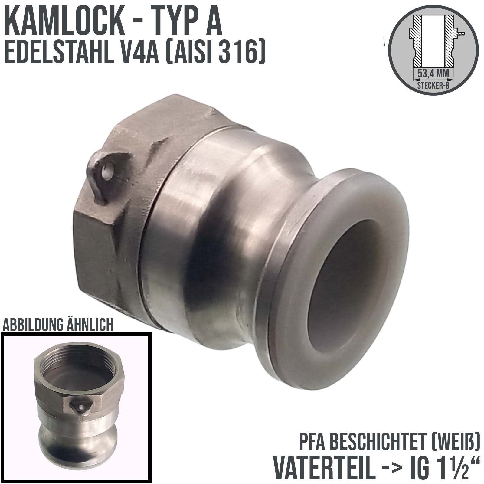 Kamlock Typ A - Vaterteil Edelstahl V2A (AISI 316) - 53,4 mm Stecker mit Innengewinde (IG) 1 1/2" Zoll DN 40 PFA beschichtet - PN 25 bar
