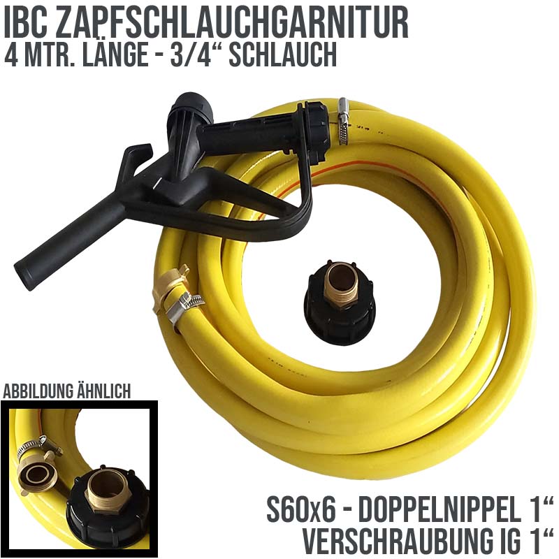 S60x6 IBC Zapf Schlauch Garnitur mit Doppelnippel Anschluss - 4 m (PP Pistole schwarz) - PN 5 bar