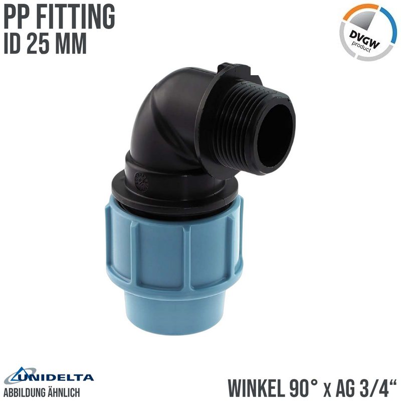25 mm x 3/4" PE PP Fitting Klemm Verbinder Verschraubung Rohr Winkel 90° x AG DVGW - Unidelta