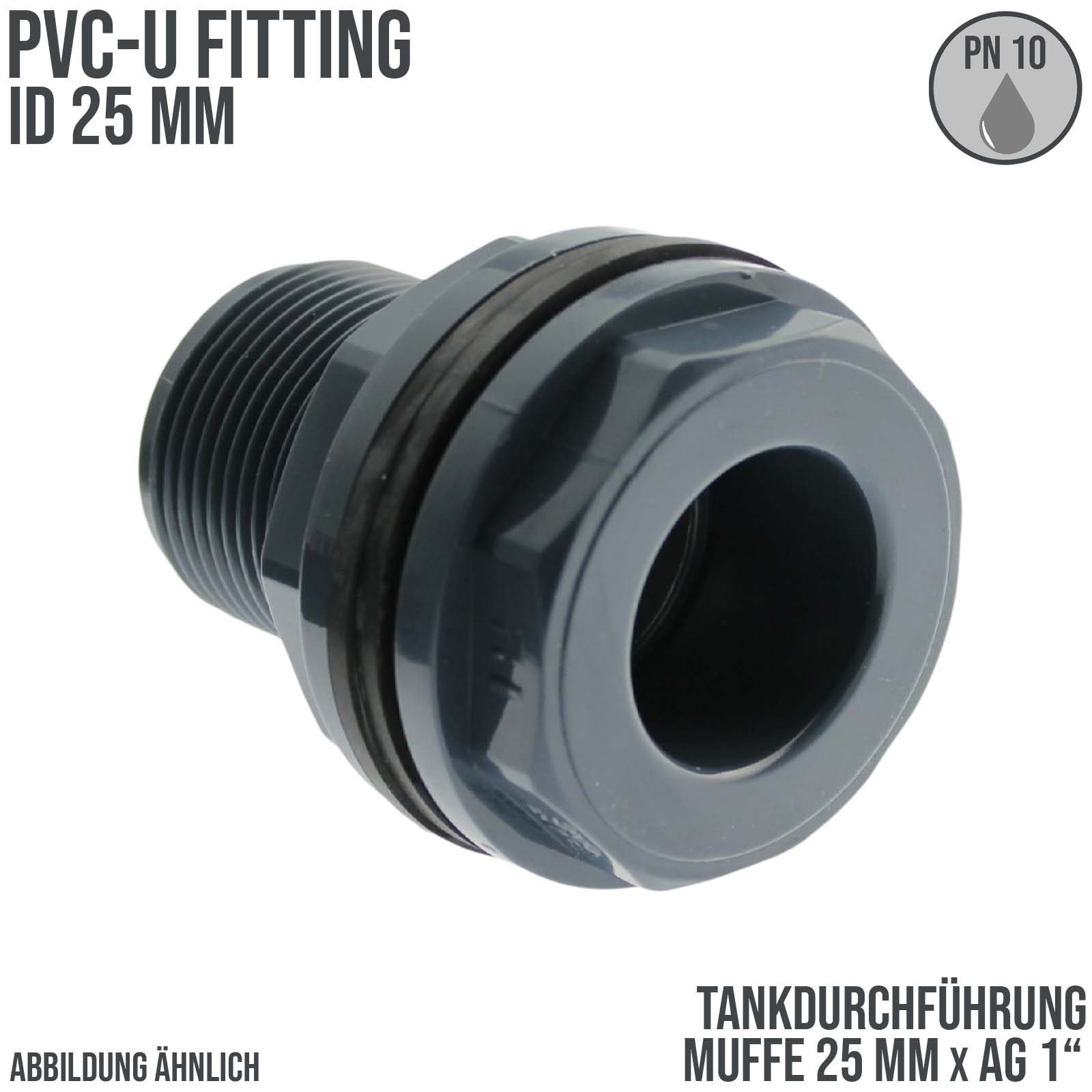 25 mm x 1" Zoll PVC-U Tankdurchführung Klebemuffe auf Klebemuffe x Außengewinde AG - PN 10 bar