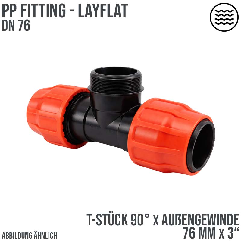 76 mm x 3" PE PP Fitting Layflat Klemm Verbinder T-Stück 90° x Außengewinde AG Flach Schlauch - PN 6 bar