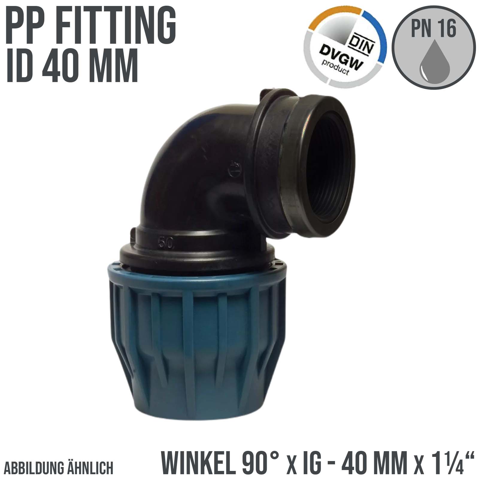 40 mm x 1 1/4" PE PP Fitting Klemm Verbinder Verschraubung Rohr Winkel 90° x IG DVGW - PN 16 bar 