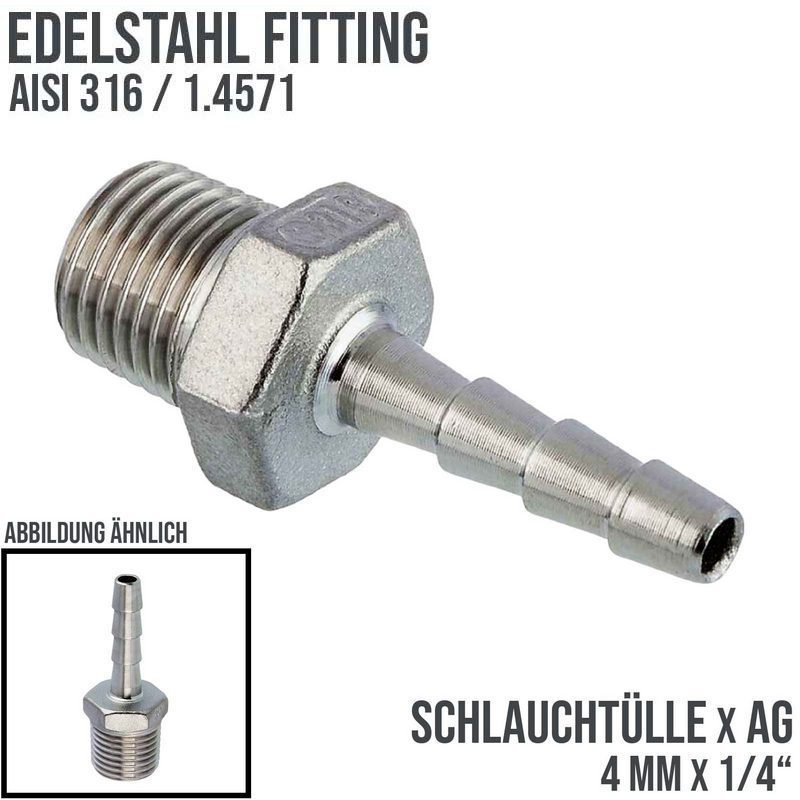 4 mm x 1/4" Zoll Schlauch Tülle Stutzen Außengewinde AG Nippel Edelstahl AISI 314 VA  Fitting - PN 20 bar