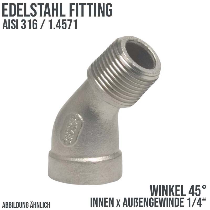 1/4" Edelstahl Fitting V4A AISI 316 Nr. 121 - Winkel 45° Innen x Außengewinde IG x AG - PN 10 bar