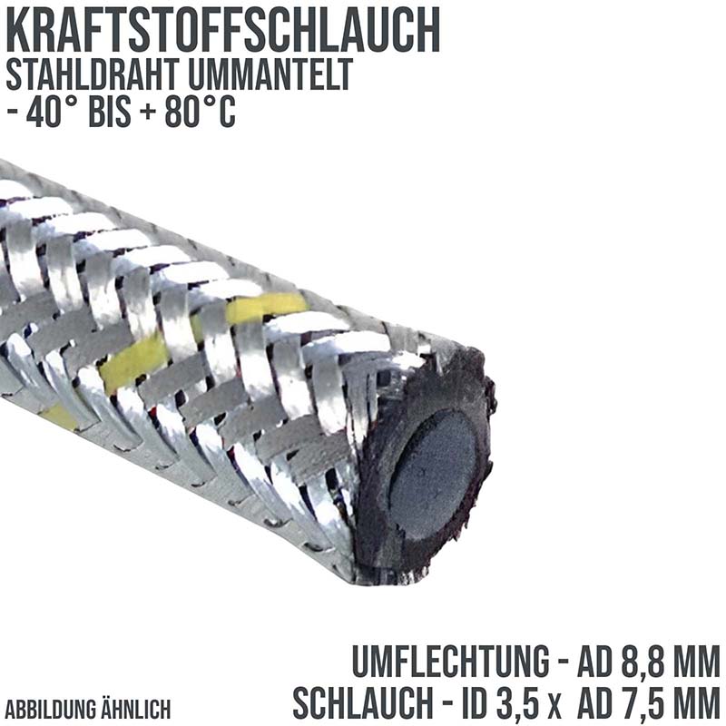 3,5 x 7,5 mm Kraftstoff Silber Benzin Öl Schlauch Stahl Draht Umflechtung NBR - PN 27 bar