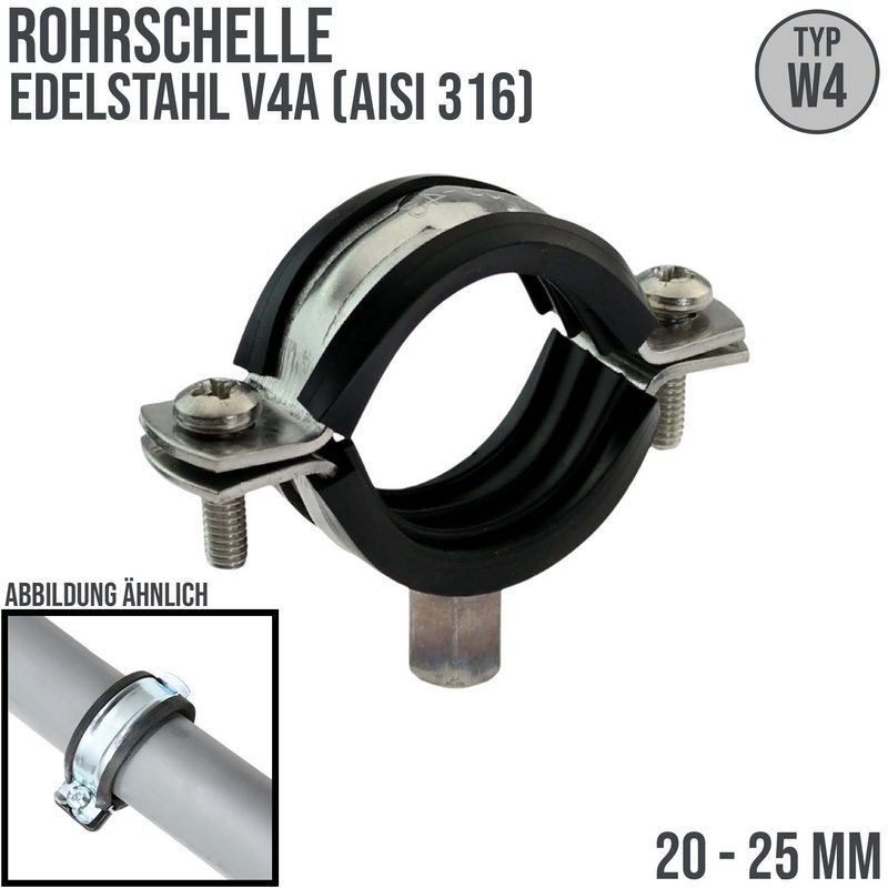 20 - 25mm Rohr Schraub Schelle Klemme mit Gummieinlage M8 M10 2-teilig Edeltahl AISI 316 DIN 4109