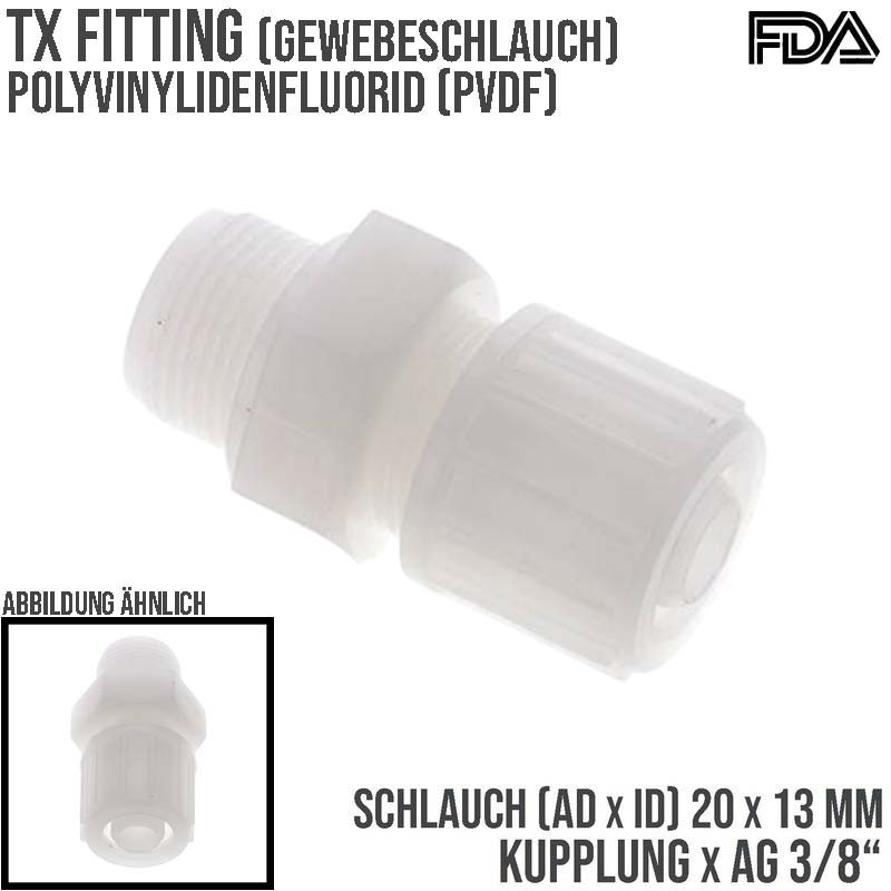 20 x 13 mm x 3/8" Kupplung Außengewinde TX Fitting Gewebe Schlauch Verbinder FDA PVDF weiß - PN 10 bar