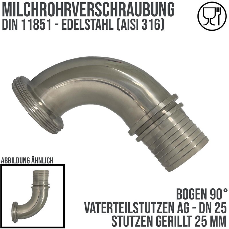 DN 25 Milchrohr Verschraubung DIN 11851 VT Vaterteil Stutzen 90° Bogen Außengewinde RD Sicherungsbund - Stutzen gerillt 25 mm - PN 25 bar