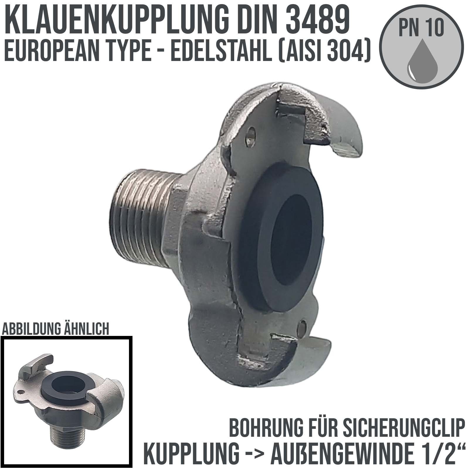 1/2" Klauen Kupplung Edelstahl AISI 304 European Type Abstand 42 mm Bohrung Außengewinde AG - PN 10 bar