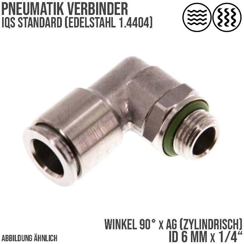 6 mm x 1/4" Pneumatik Steck Verbinder Winkel 90° eckig IQS Edelstahl VA 1.4404 Außengewinde zylindrisch - PN 15 bar