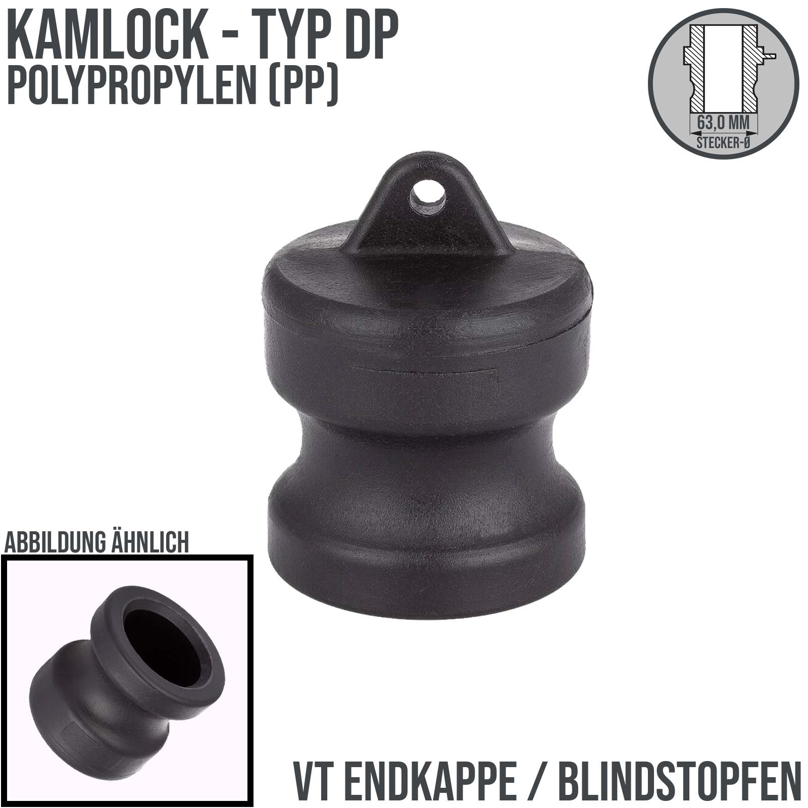 Kamlock Typ DP - Blind Stopfen Polypropylen (PP) Verschluss Kappe 63,0 mm - 2" Zoll DN50 - PN 6,5 bar