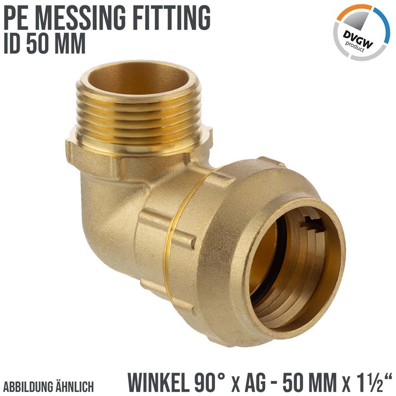 50 mm x 1 1/2" PE Fitting Klemm Verbinder Messing Verschraubung Muffe Winkel 90° x AG DVGW - PN 16 bar