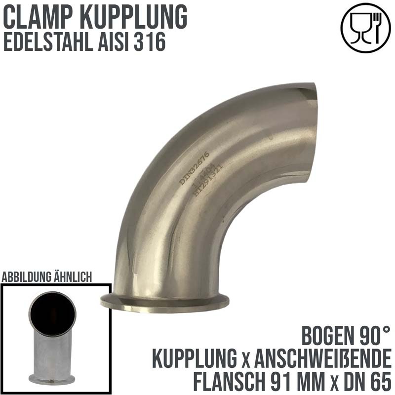 CLAMP Kupplung Bogen 90° 91 mm DIN 32676 Flansch Teller Anschweissende DN 65  2 1/2" - PN 16 bar