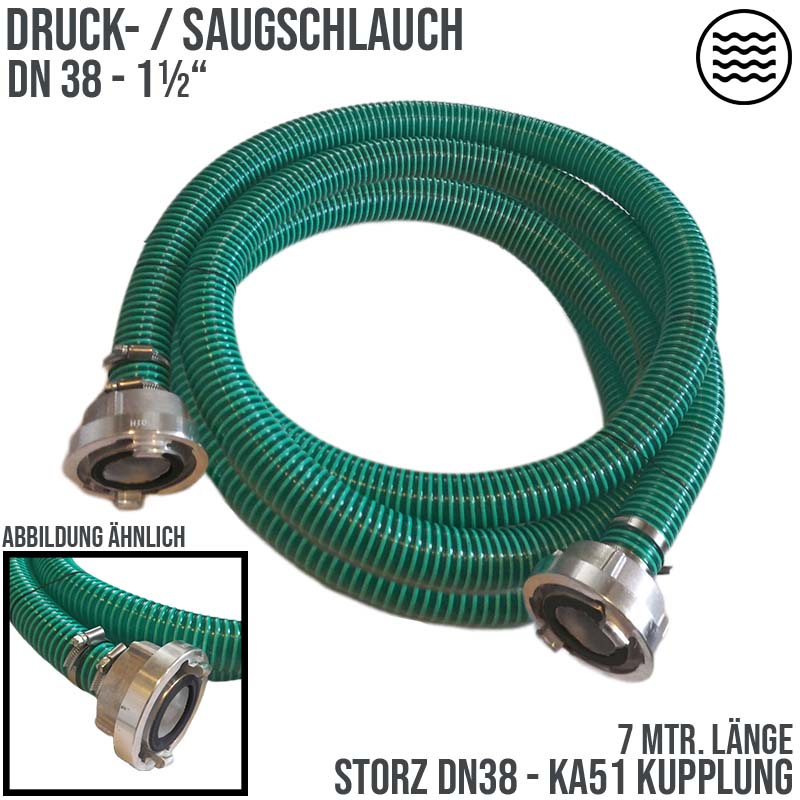 STORZ DN38 KA51 - 38 mm 1 1/2" PVC Saug Ansaug Pumpen Spiral Schlauch PN 5 bar grün - 7 m Rolle
