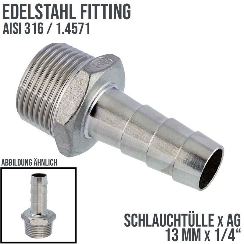 13 mm x 1/4" Zoll Schlauch Tülle Stutzen Außengewinde AG Nippel Edelstahl AISI 316 VA  Fitting - PN 20 bar