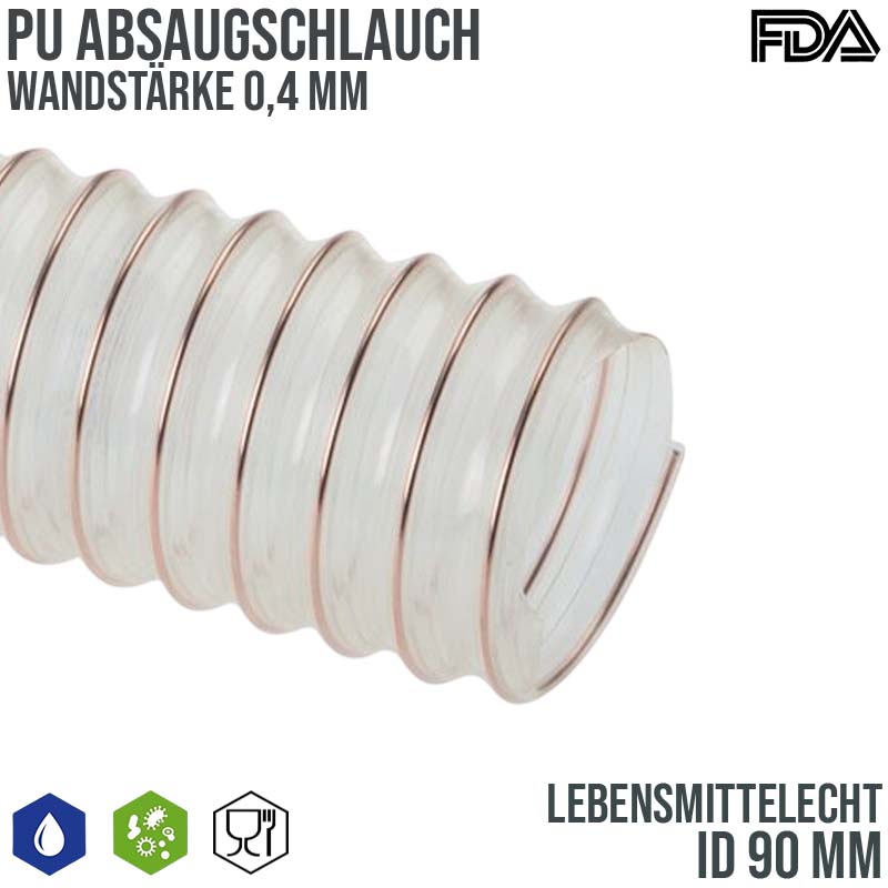 90 mm PU Saug Ansaug Druck Spiral Flex FDA Lebensmittel Schlauch - Wandstärke 0,4 mm  - PN 0,22 bar