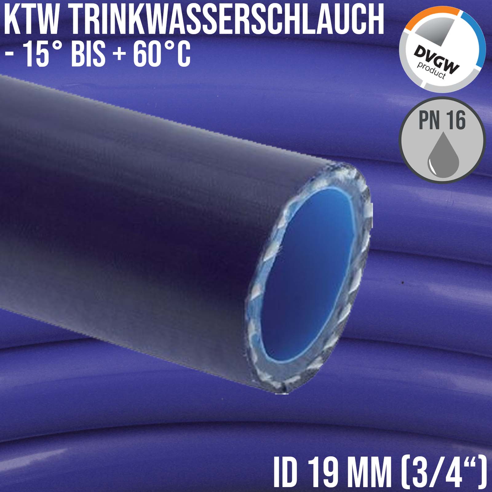 19 mm 3/4" Zoll Trink Wasser Kirmes Volksfest Biergarten Schlauch TPE KTW DVGW W 270 blau PN 16 bar 