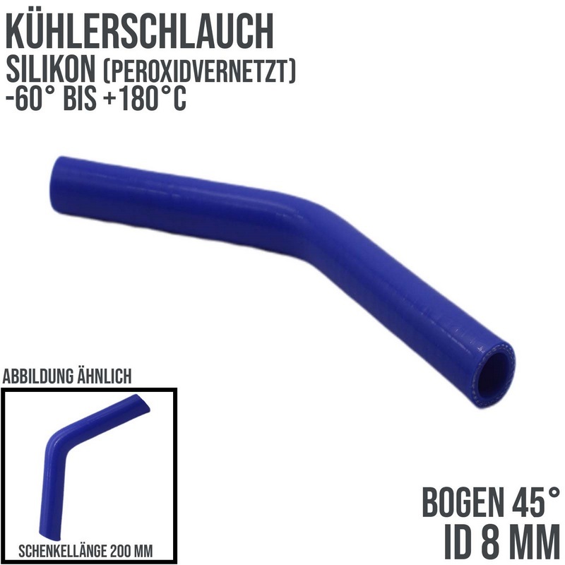 8 x 16 mm Kühlerschlauch Silikon Bogen 45° LLK Ladeluft Kühlmittel Schlauch blau (12 bar) - 200 mm
